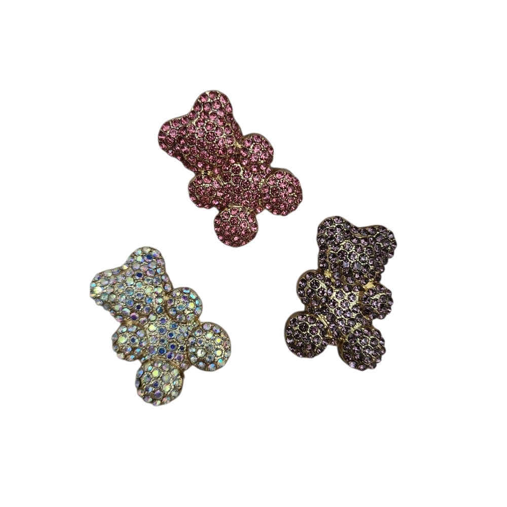 3 Sparkling Rhinestone Bear Shaped Brooches Pink Purple AB Gold Tone